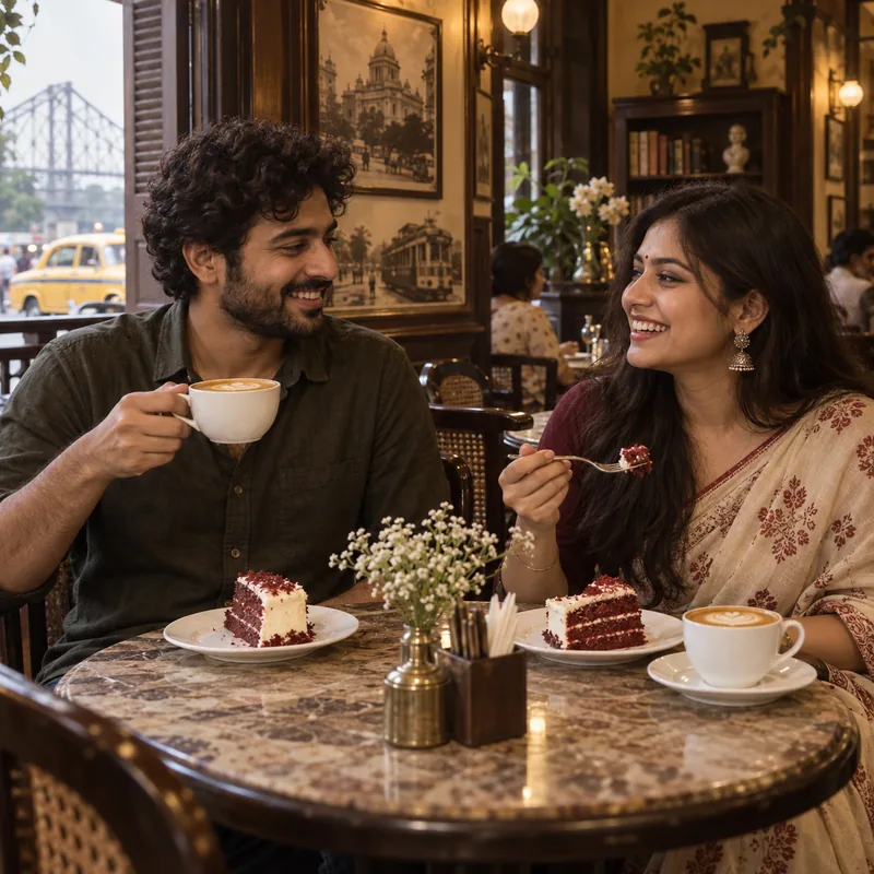 Friends enjoying cake and coffee at a cozy cafe in Kolkata