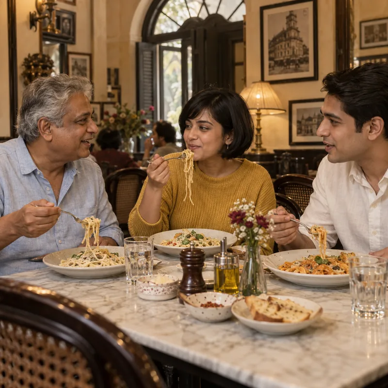 Guests enjoying pasta at a cozy coffee shop in Kolkata