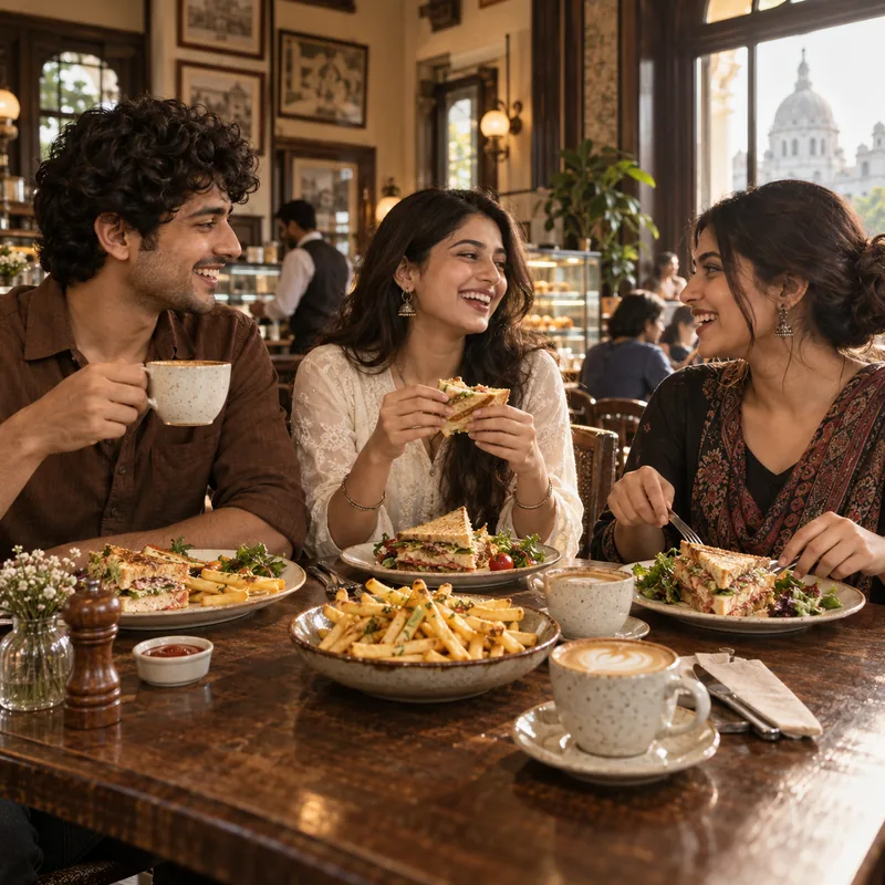 Friends enjoying sandwiches and coffee at the best coffee shop in Kolkata