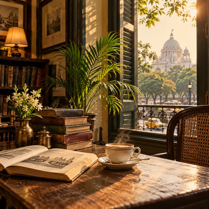Books and coffee in a Kolkata heritage café setting