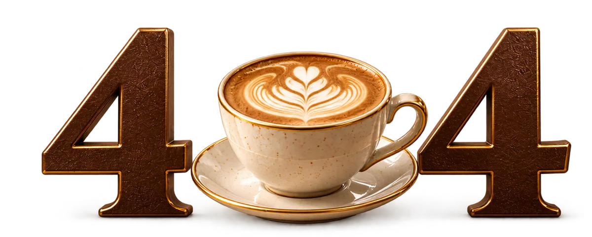 Freshly brewed coffee cup between two number fours forming a 404 error illustration