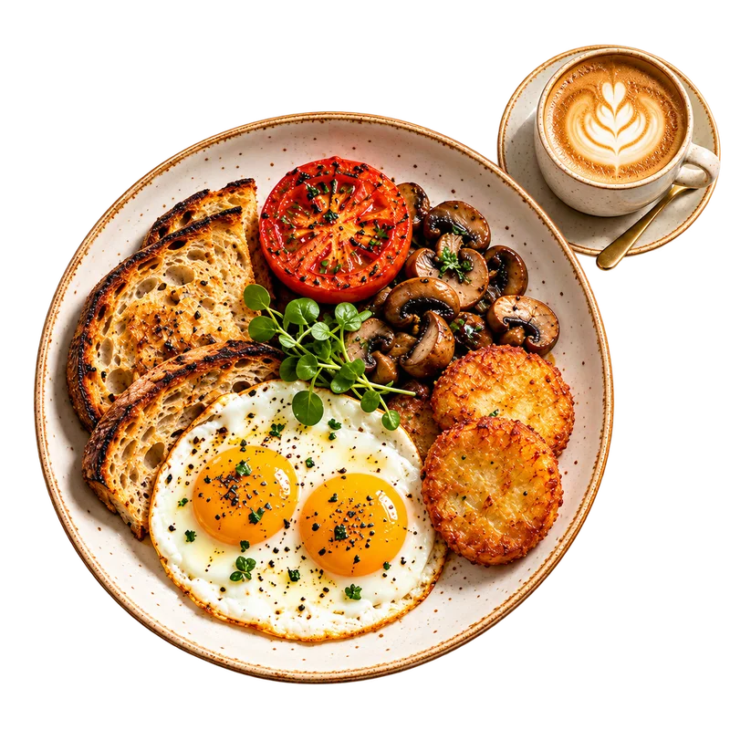 Breakfast platter with eggs, toast, vegetables and cappuccino